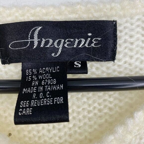 Vintage Angenie Ivory Wool Blend Sweater Sequin Pearl Accents Woman's Face Small - Picture 4 of 6